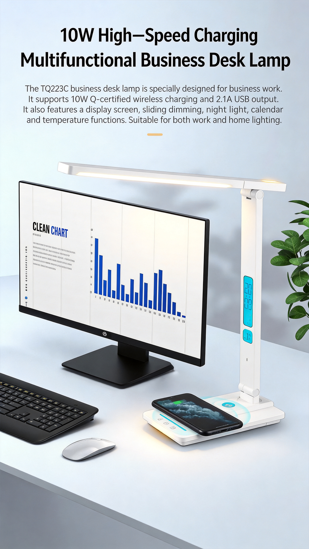 3-in-1 LED Desk Lamp with Wireless Charger 10W Qi Fast Charging, Modern Dimmable Table Lamp for Home Office Bedroom